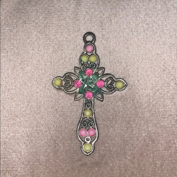 Jewelry - Silver cross pendant with pink & green stones